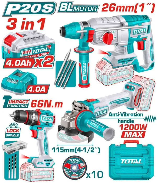 Kit 3 peças Total 20 V TCKLI202598: furadeira, esmerilhadeira e martelete
